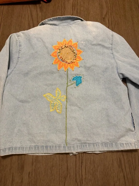 Tantrums Light Blue Denim Jacket with Colorful Sunflower Embroidery has stain - Picture 7 of 7